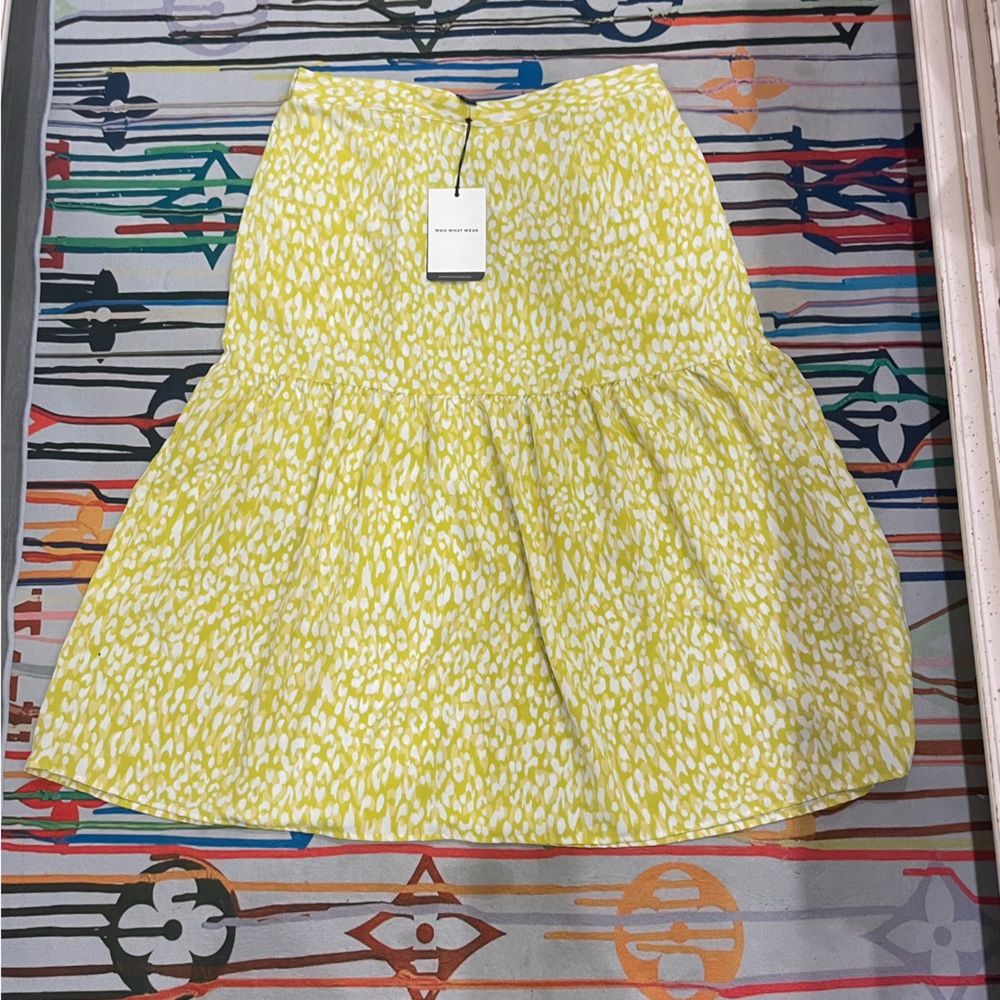 Who What Wear Yellow Citrus Leopard Print Tiered Midi Skirt